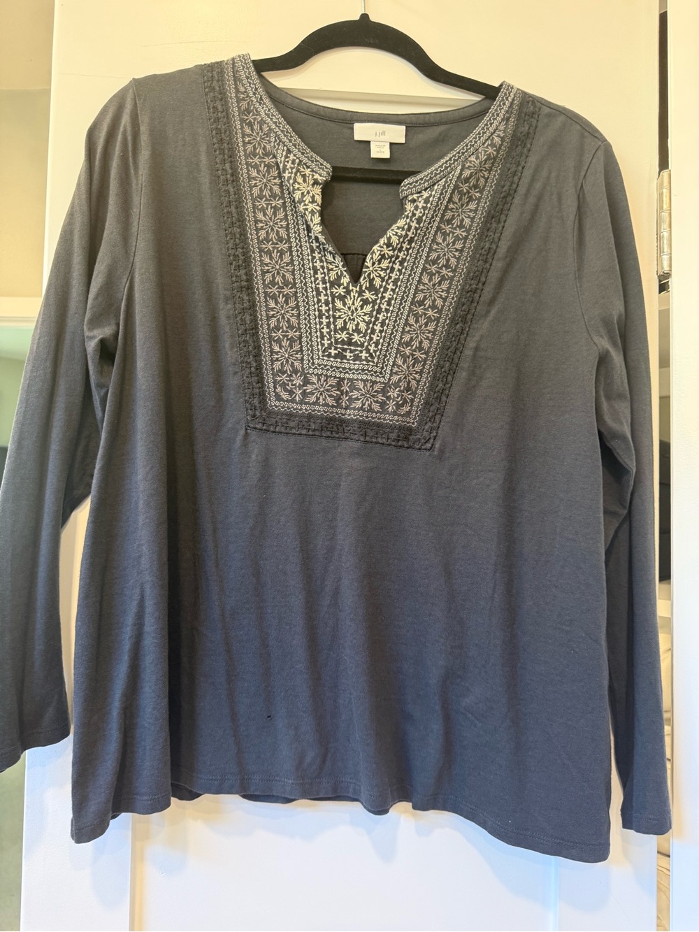 J. Jill Slate Blue Embroidered V-Neck Long Sleeve Top